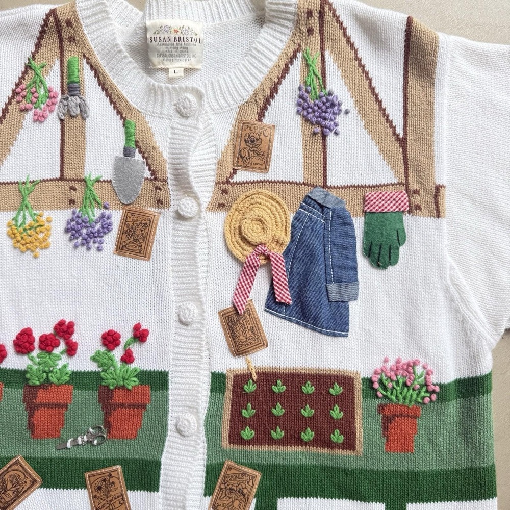 VTG Susan Bristol Gardening Sweater Womens L 90s Grandmacore Embroidered Cozy - Picture 4 of 10